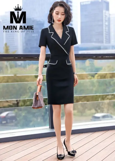 Đầm công sở đen cổ vest viền trắng — PN1227