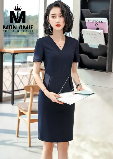 Đầm công sở navy cổ V tay ngắn — PN1229