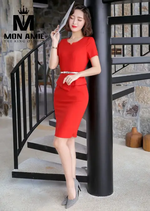 Đầm đỏ peplum thắt lưng bạc — PN1302