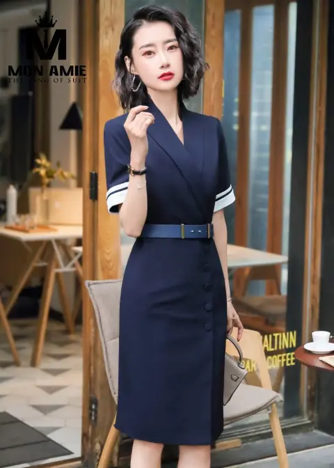 Đầm navy cổ vest viền tay trắng — PN1679
