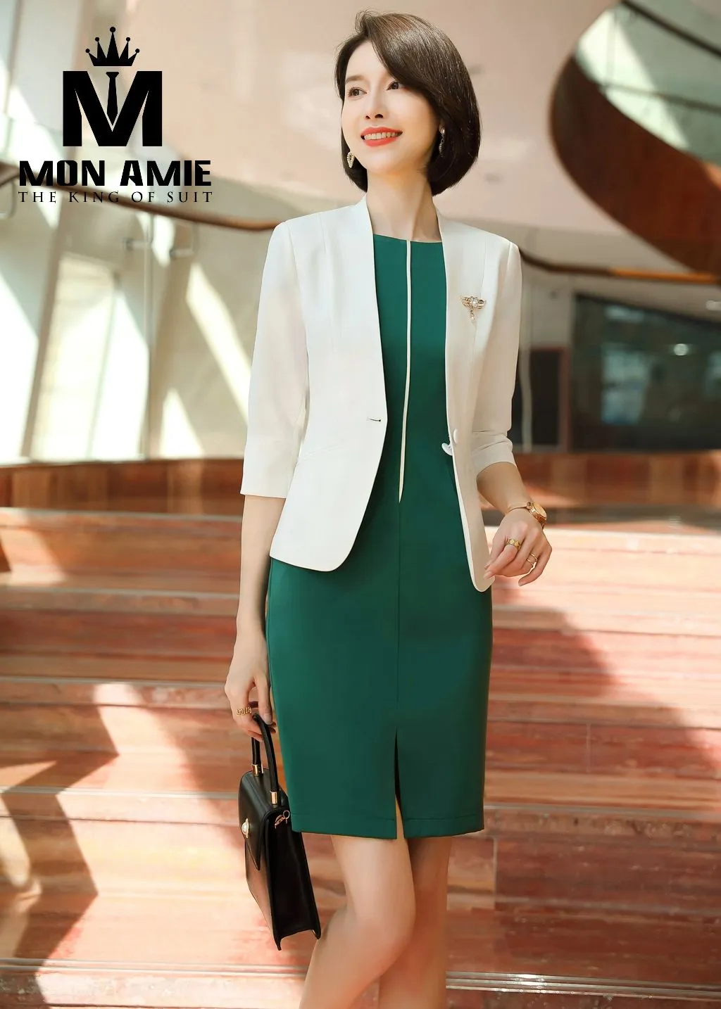 Đầm xanh lá kèm áo khoác trắng PN1730 — 1/4