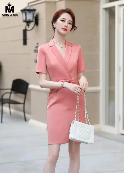 Đầm hồng cổ vest dáng quấn — PN1838