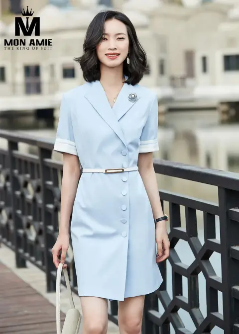 Đầm vest xanh nhạt thắt lưng trắng — PN1847