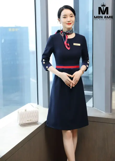 Đầm navy đai đỏ, khăn cổ tiếp viên — PN1931