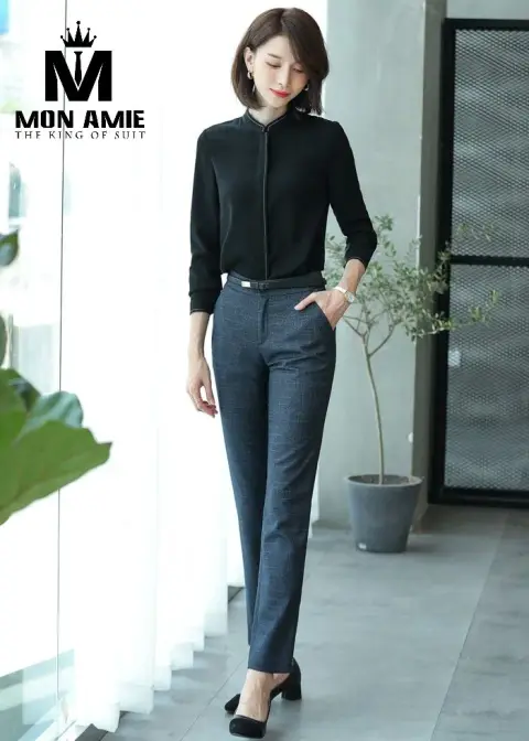 Sơ mi nữ đen viền cổ, quần tây xám — PN1148