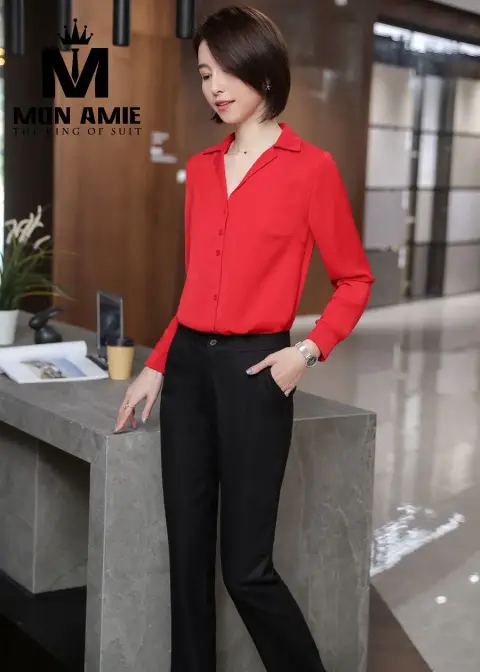 Sơ mi nữ đỏ, quần tây đen — PN1383