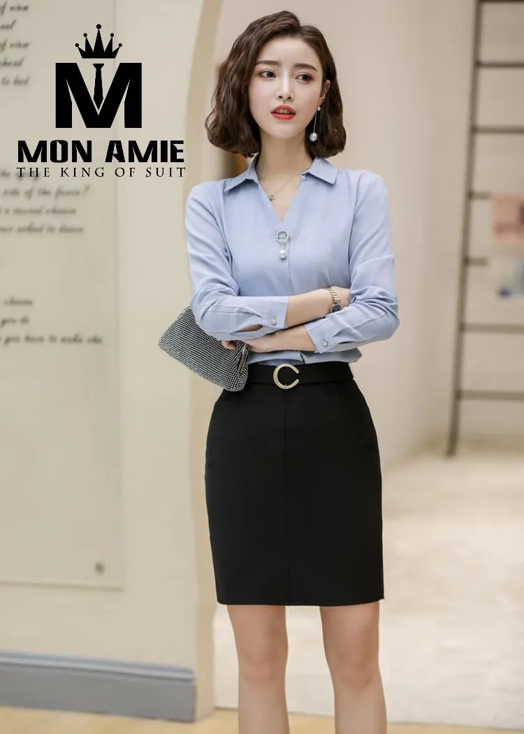 Sơ mi nữ xanh ghi, chân váy đen PN1419 — 1/6