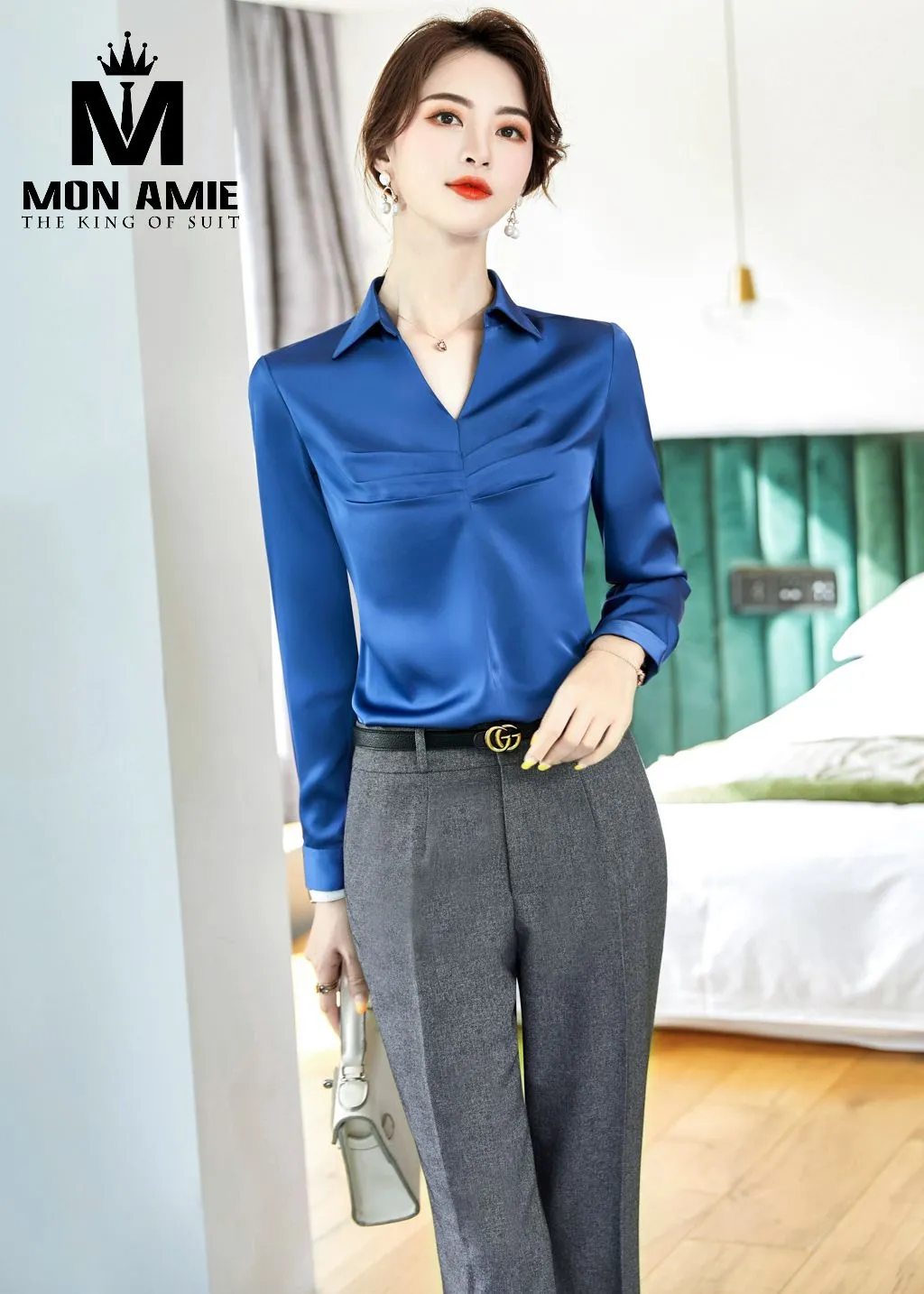 Sơ mi nữ satin xanh coban, quần xám PN1711 — 1/4
