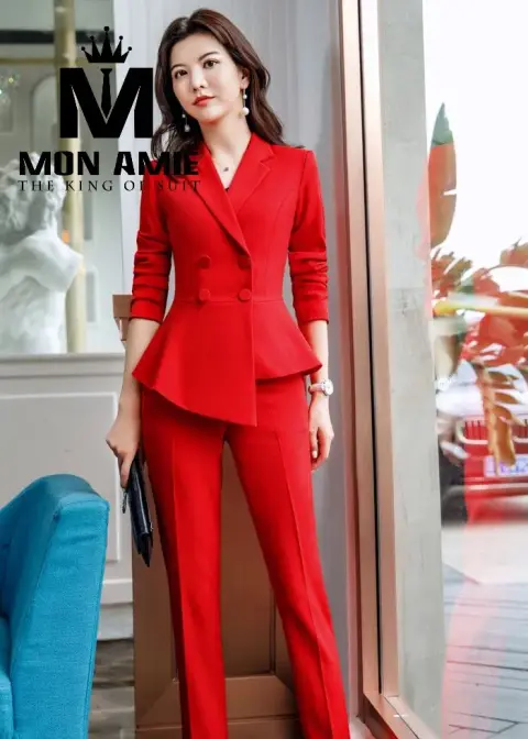 Vest nữ đỏ peplum hai hàng khuy, quần tây — PN1425