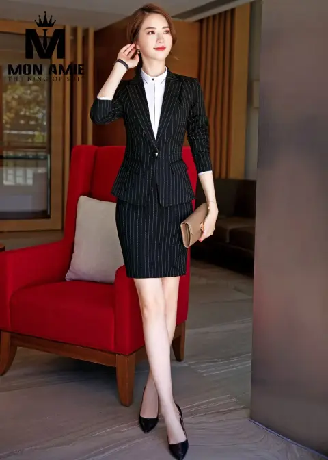 Vest nữ đen sọc chì, chân váy — PN1615