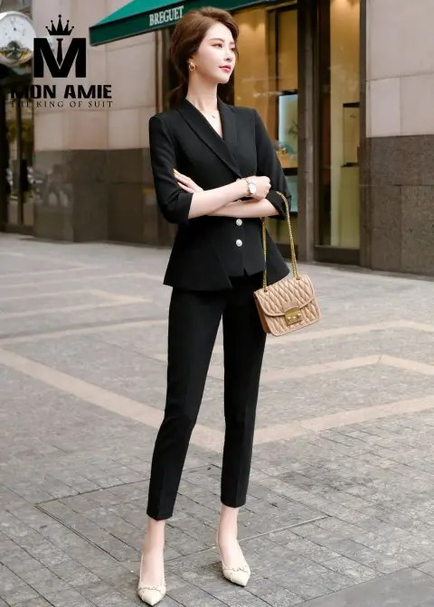 Vest nữ đen hai hàng khuy tay lửng, quần tây — PN1663