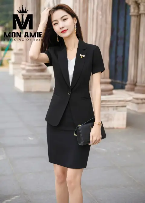 Vest nữ đen cộc tay, chân váy — PN1766