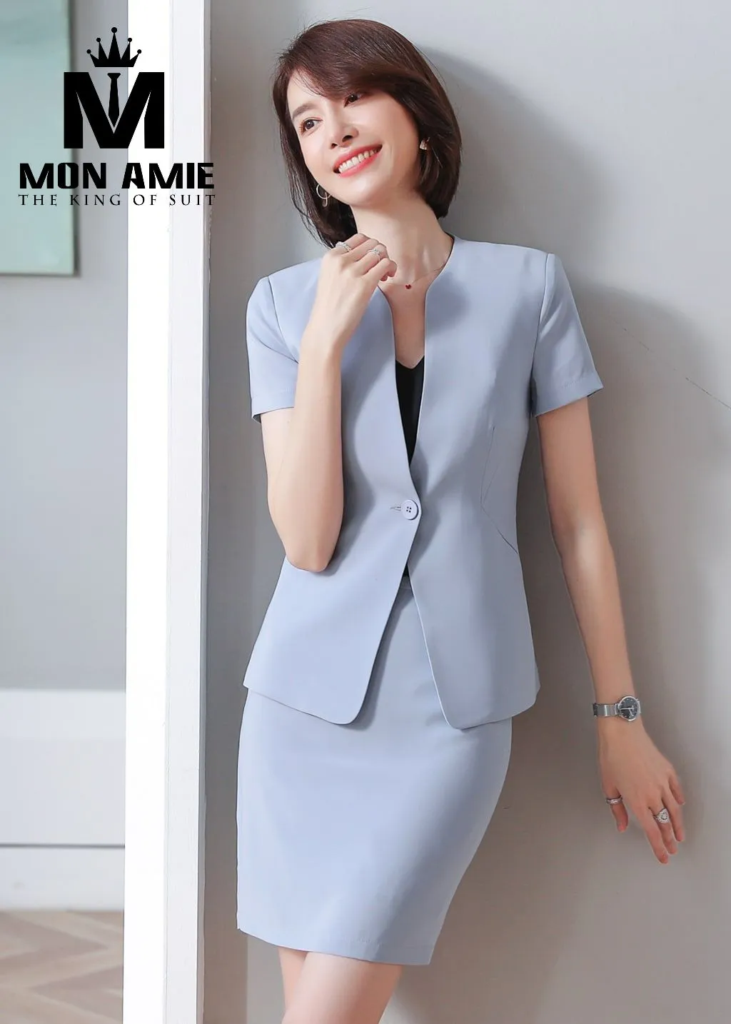 Vest nữ xanh da trời cộc tay, chân váy PN1825 — 1/4