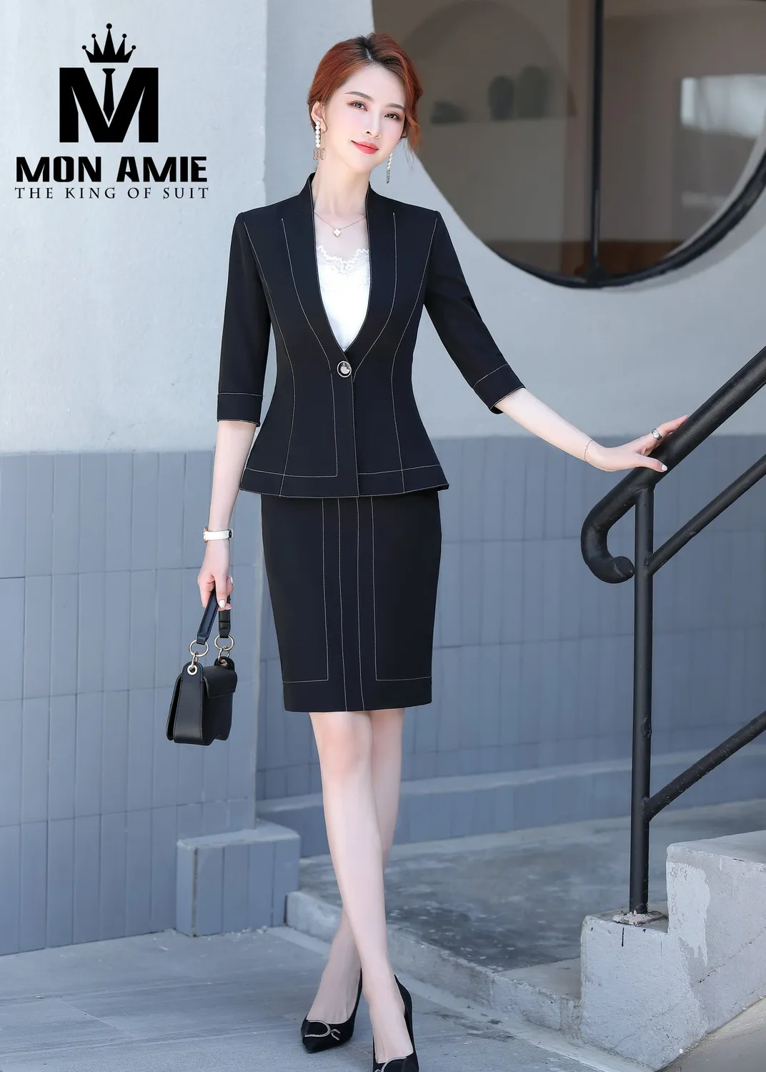 Vest nữ đen peplum chỉ trắng, chân váy PN1886 — 1/11