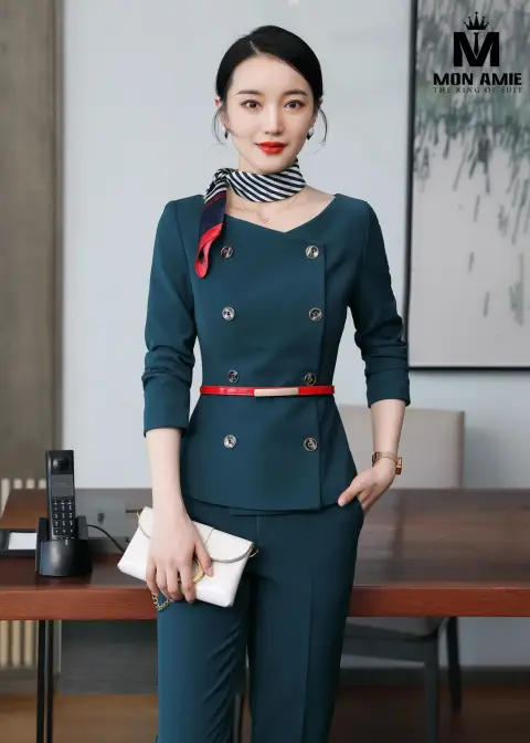 Vest nữ xanh cổ vịt hai hàng khuy, quần tây — PN1933