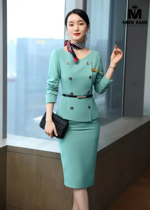 Vest nữ xanh mint hai hàng khuy, chân váy — PN1934